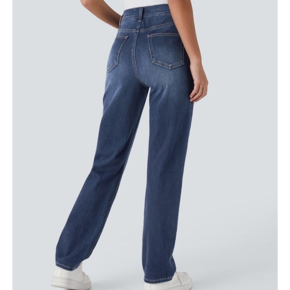 Halara Flex High Waisted Pockets Straight Leg Washed Casual Jeans Size MED TALL - Picture 2 of 3